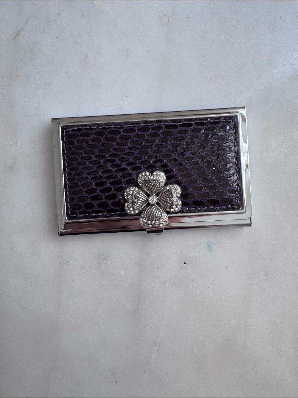 Brighton Purple Snake-Embossed Card & Key Case with Silver Floral Accent